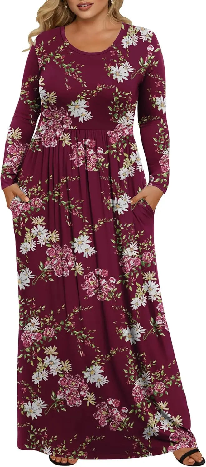 Womens Plus Size Maxi Dresses for Curvy Women Fall 2025 Casual Long Sleeve Long Dress with Pockets 1X-5X