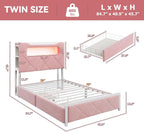 Twin Upholstered LED Bed Frame with 2 Storage Drawers and 2-Tier Bookcase Headboard, Velvet Platform Bed, Heavy Duty Metal Support, No Box Spring Needed