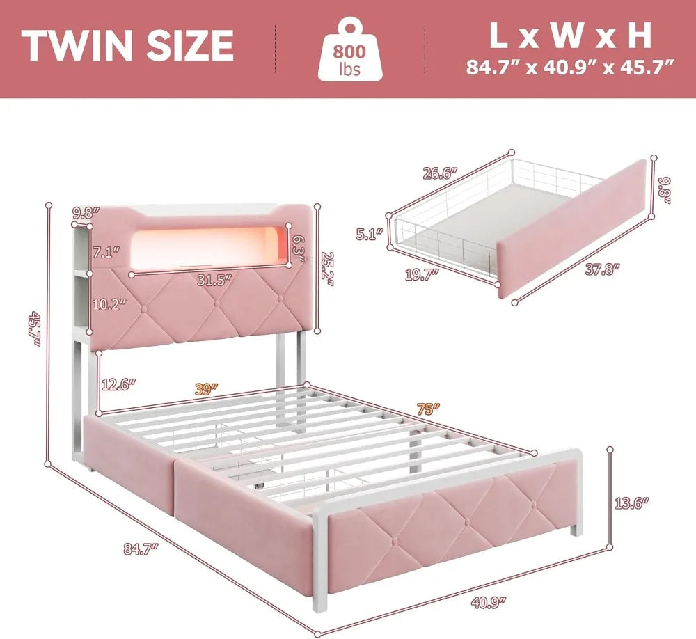 Twin Upholstered LED Bed Frame with 2 Storage Drawers and 2-Tier Bookcase Headboard, Velvet Platform Bed, Heavy Duty Metal Support, No Box Spring Needed