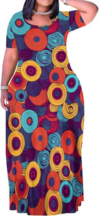 Plus Size Maxi Dress for Women Summer Casual Short Sleeve Tshirt Dresses with Pockets (XL-6XL)