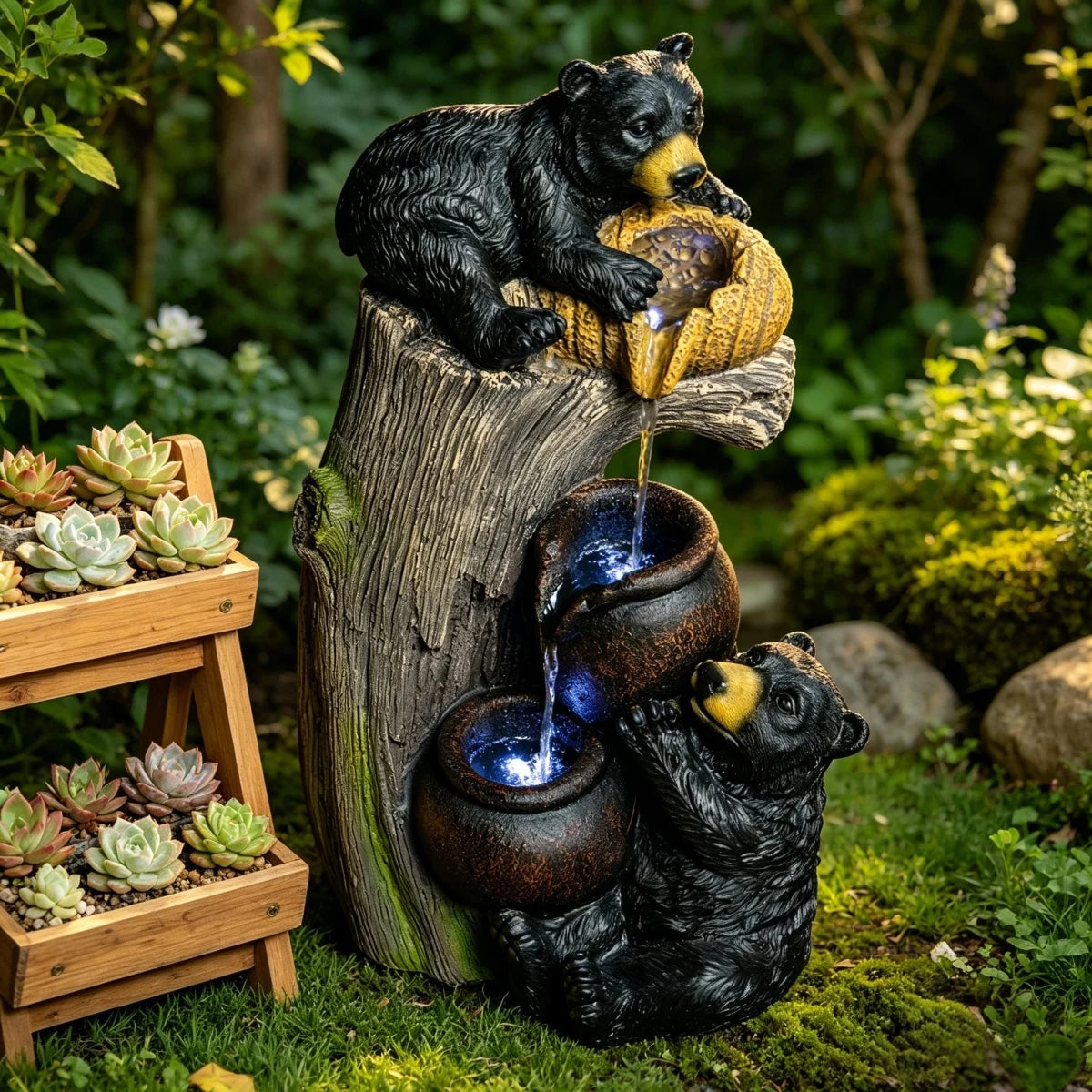 Bear Outdoor Water Fountain with LED Lights Cascading Fountains Outdoor for Patio Yard Balcony 23.62'' Garden Fountains Outdoor and Outdoor Water Fountain Decor   WL RR