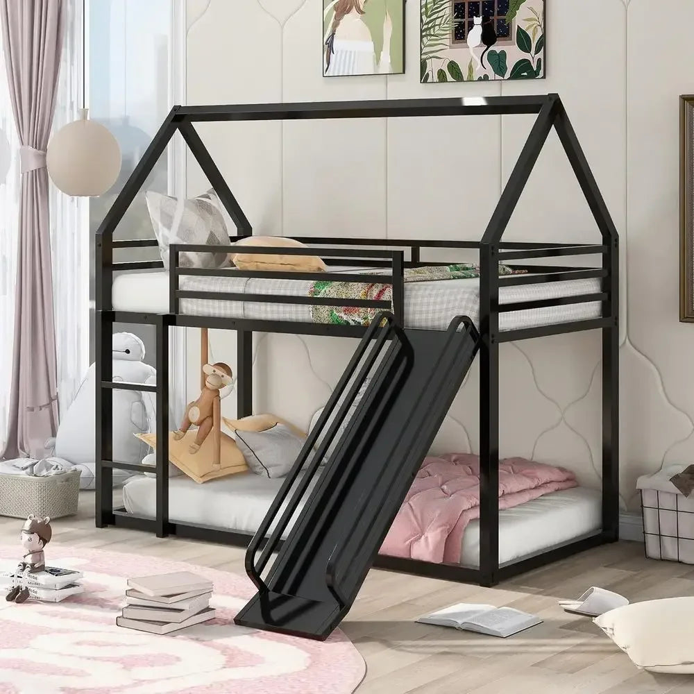 Twin Over Twin Bunk Bed with Slide and Ladder, Metal Frame for Kids, Black