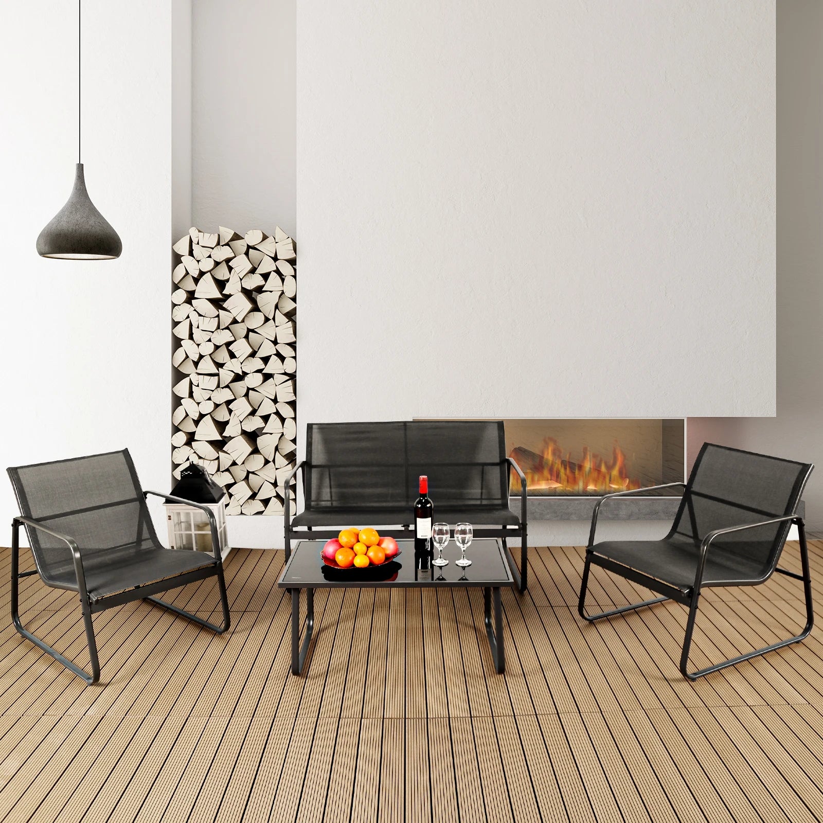JHK Outdoor Patio Furniture 4 Pieces Set with Table Metal Frame Lumbar Support Mesh Backrest Sectional Balcony Sets for Garden