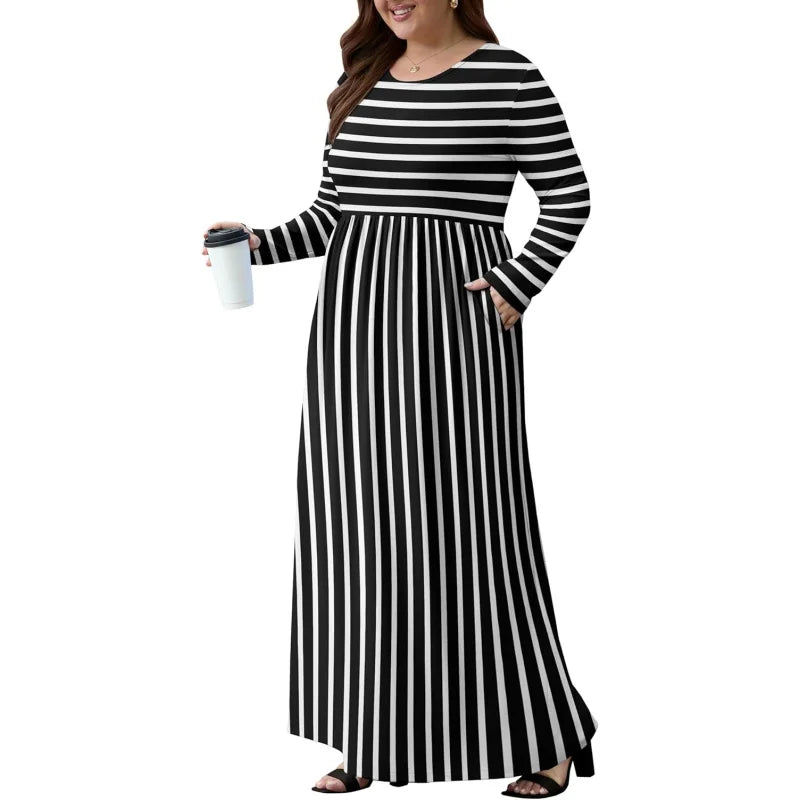 Womens Plus Size Maxi Dresses for Curvy Women Fall 2025 Casual Long Sleeve Long Dress with Pockets 1X-5X