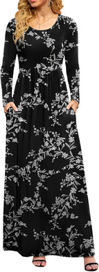 Women Casual Long Sleeve Maxi Dresses Empire Waist Long Dress with Pockets