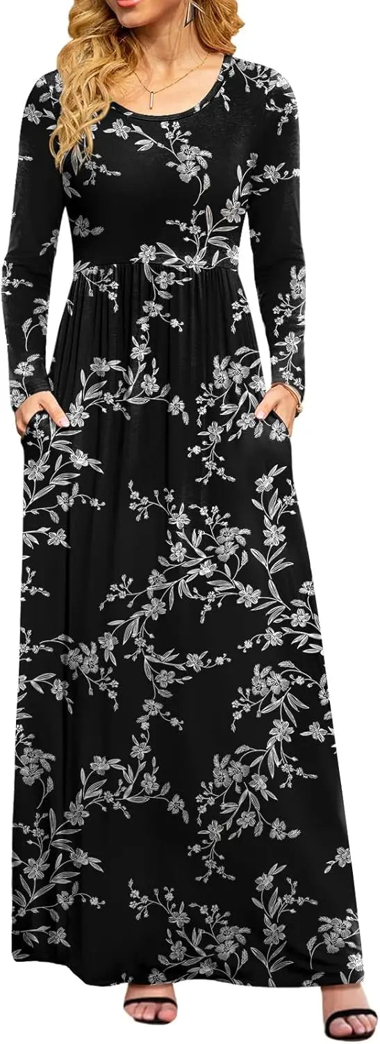 Women Casual Long Sleeve Maxi Dresses Empire Waist Long Dress with Pockets