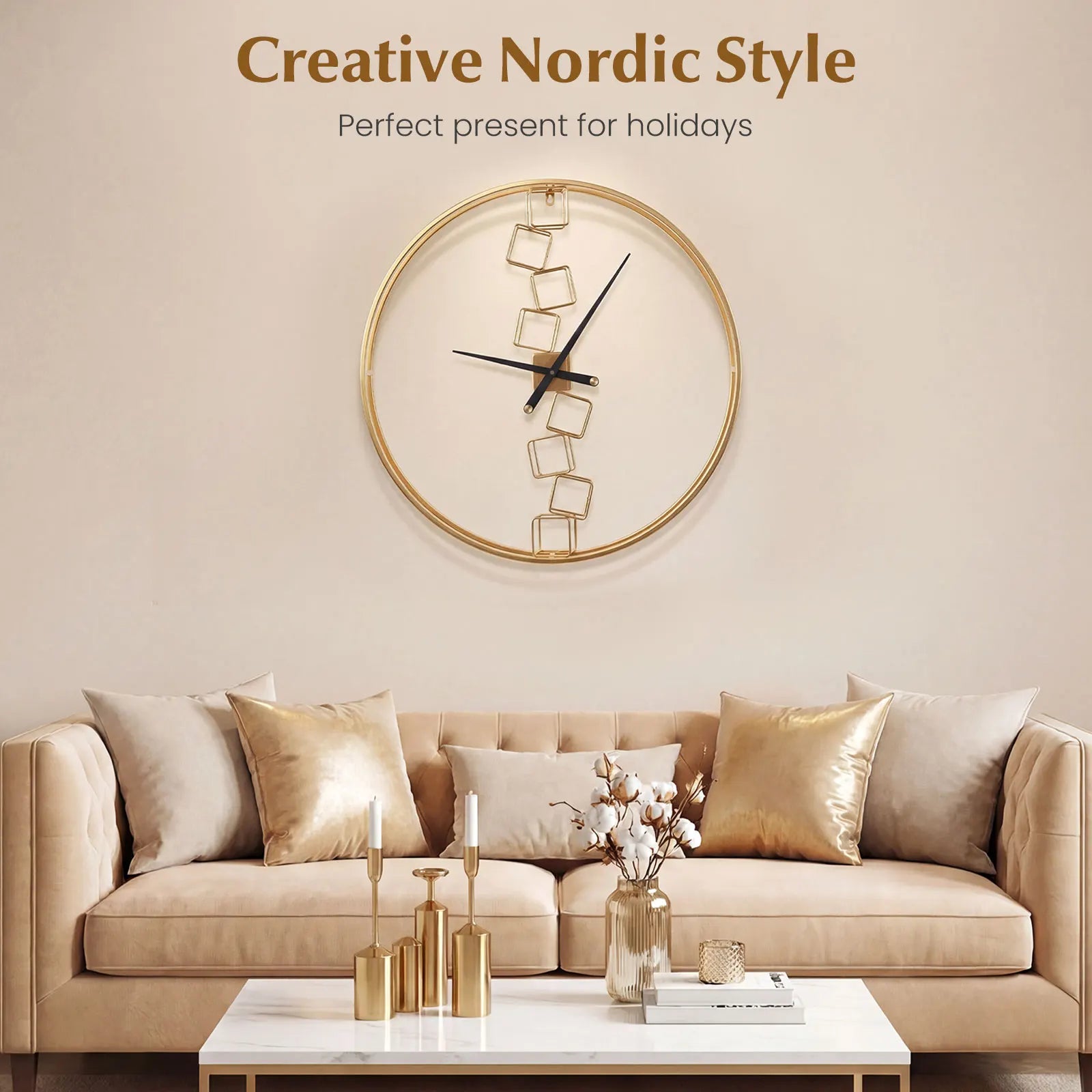 Large Wall Clock, 27” Nordic Style Big Metal Clock, Non-Ticking Decorative Clock