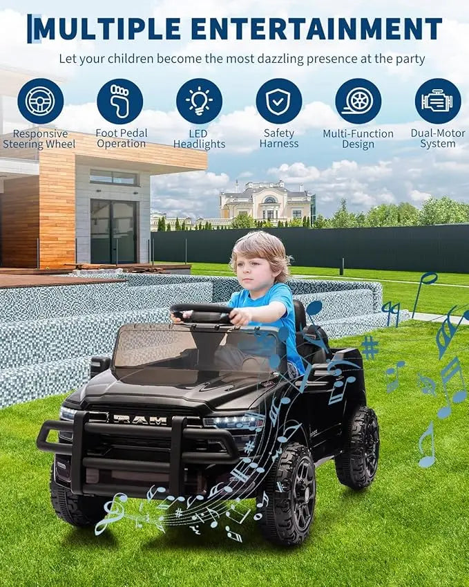 kids Ride On Cars, Licensed RAM 12V Electric Ride On Truck Car w/Remote Control, Electric Pickup Car for Toddlers, Spring Suspension, LED Lights, Music, Ride On Toys