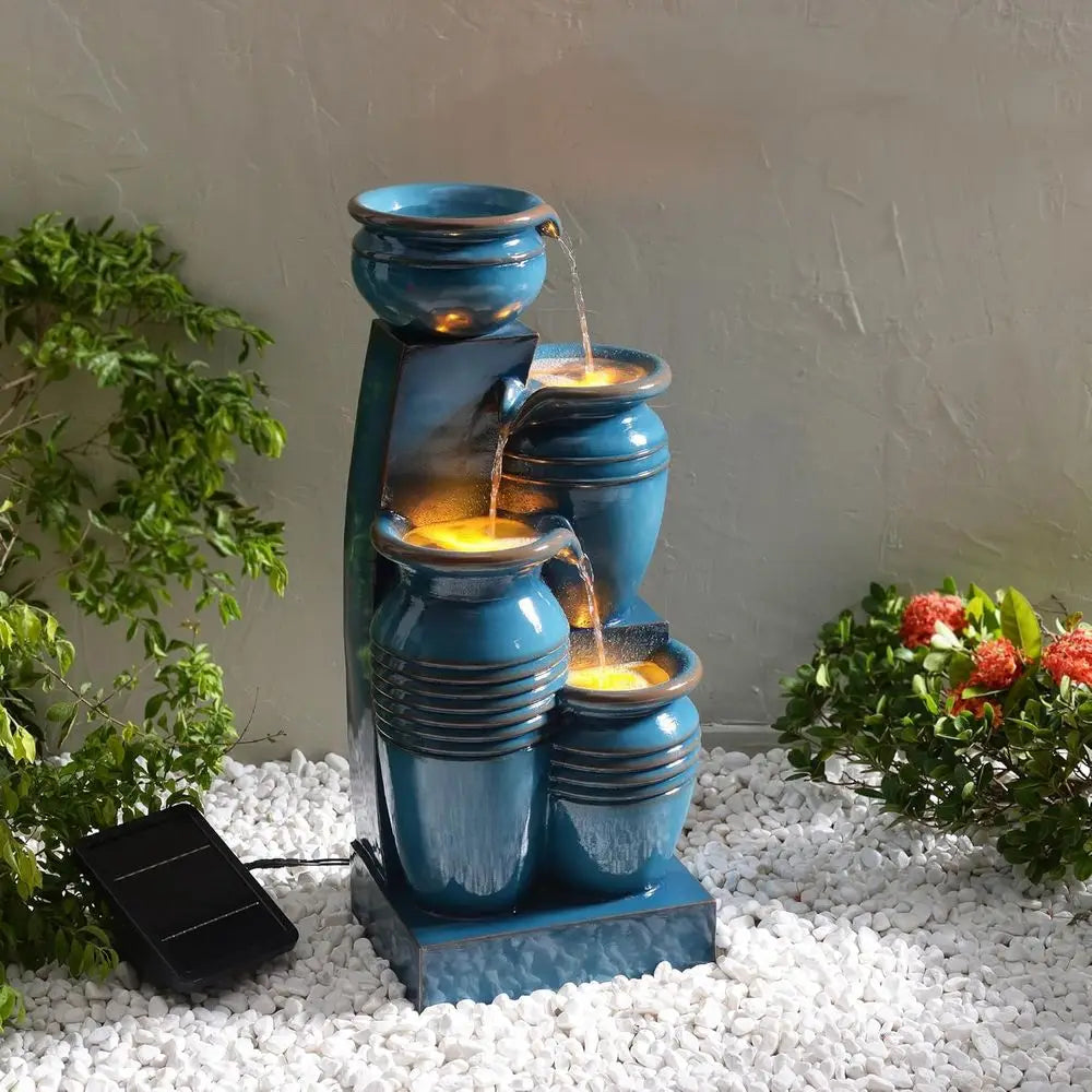 4-Tier Cascading Bowl Fountain with LED Lights for Gardens, Lanai, Patios, Balconies, Lawns in Blue