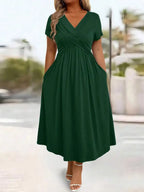 Plus Size Casual Solid V-Neck Cinched Waist A-Line Midi Dress With Pockets For Summer