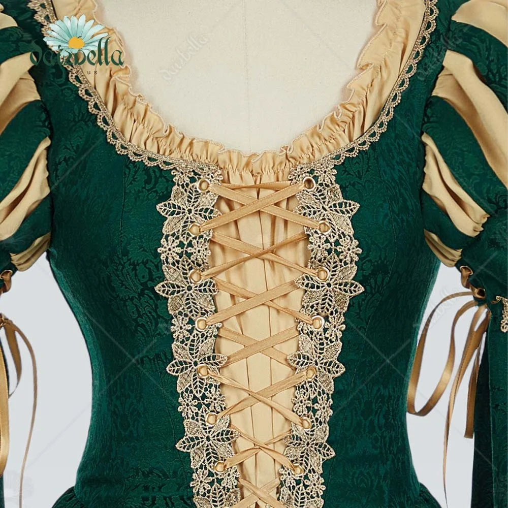 US Stock DAIZBELLA Women Medieval Renaissance Costume Pseudo-two-piece Vintage Renaissance Fair Dress with Wide Sleeves Lace