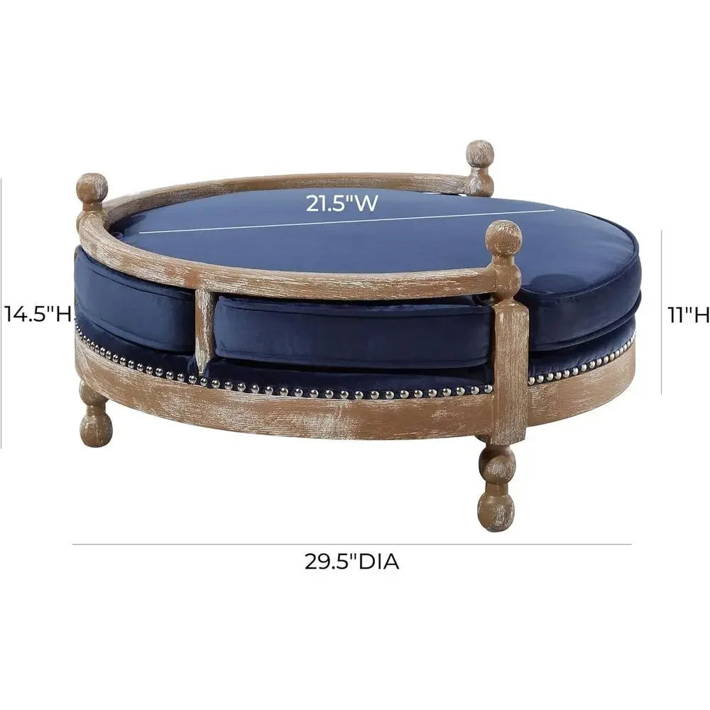 Handcrafted Weathered Oak Dog Bed with Removable Waterproof Velvet Cushion, Navy Blue