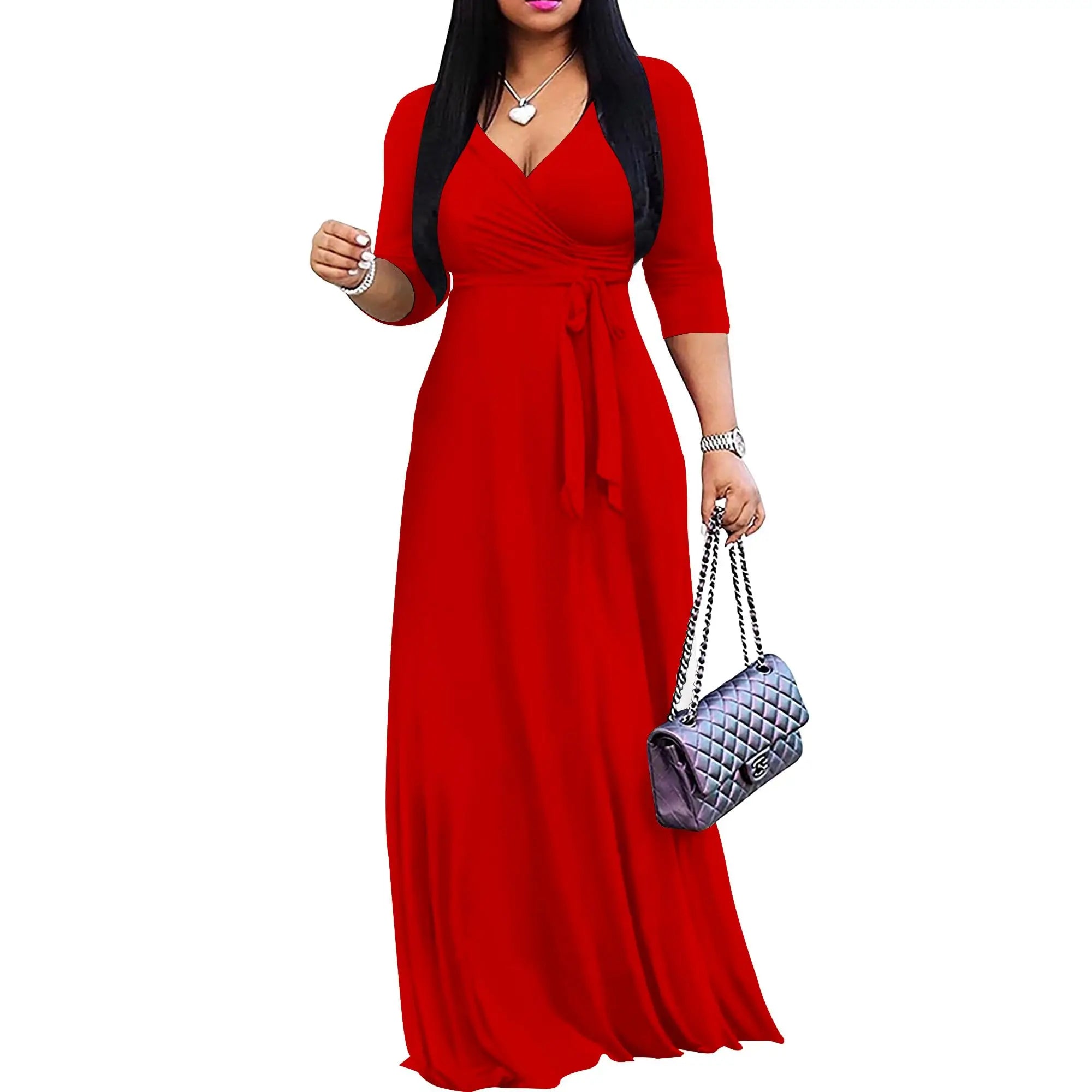 Women Plus Size Long Maxi Wrap Dress V Neck 3 4 Sleeve Summer