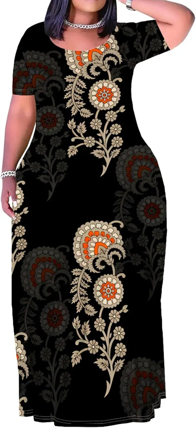 Plus Size Maxi Dress for Women Summer Casual Short Sleeve Tshirt Dresses with Pockets (XL-6XL)