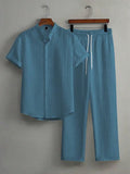 Mens Summer Solid Color Short Sleeve Stand Collar Shirt And Elastic Drawstring Pants Casual Co-ords Set
