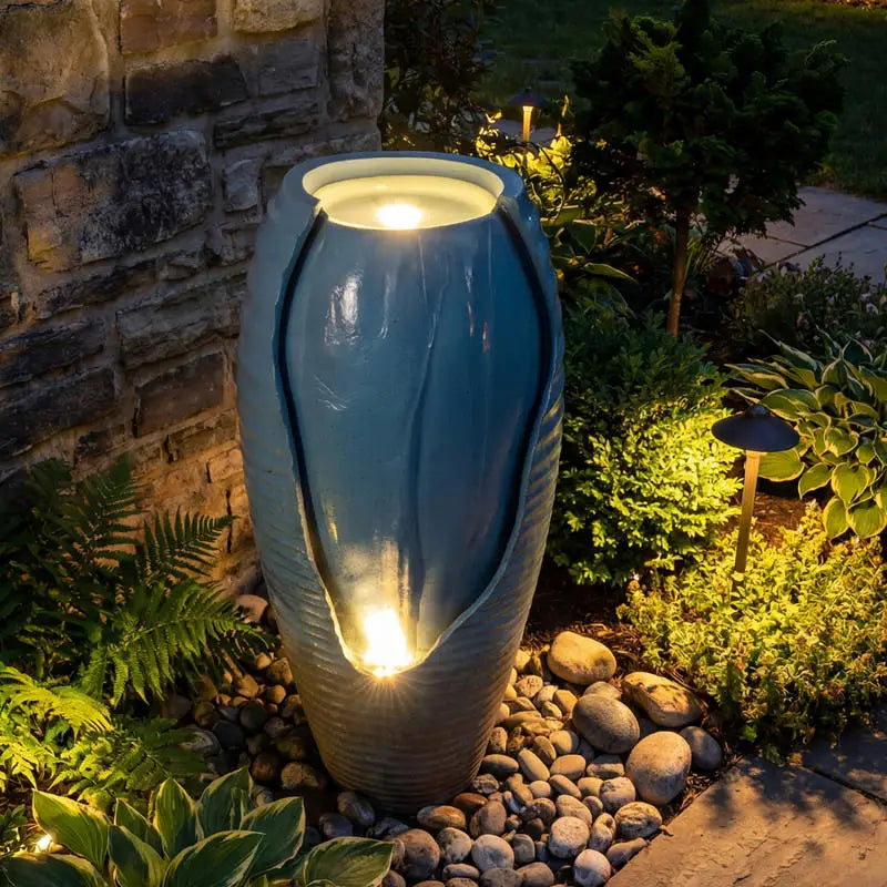 32 Inch Tall Jar Water Fountain with LED Lights and Pump Vintage Ceramic-Look