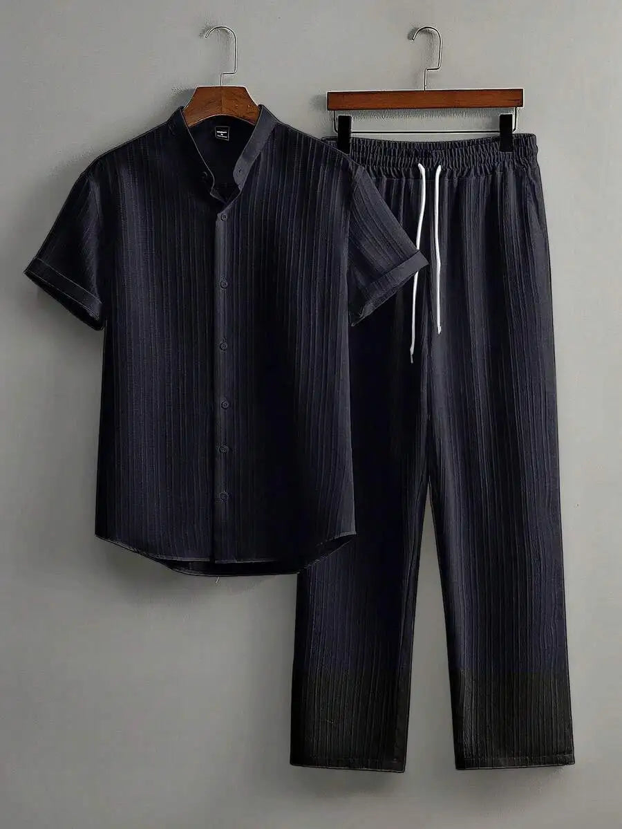 Mens Summer Solid Color Short Sleeve Stand Collar Shirt And Elastic Drawstring Pants Casual Co-ords Set