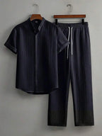Mens Summer Solid Color Short Sleeve Stand Collar Shirt And Elastic Drawstring Pants Casual Co-ords Set
