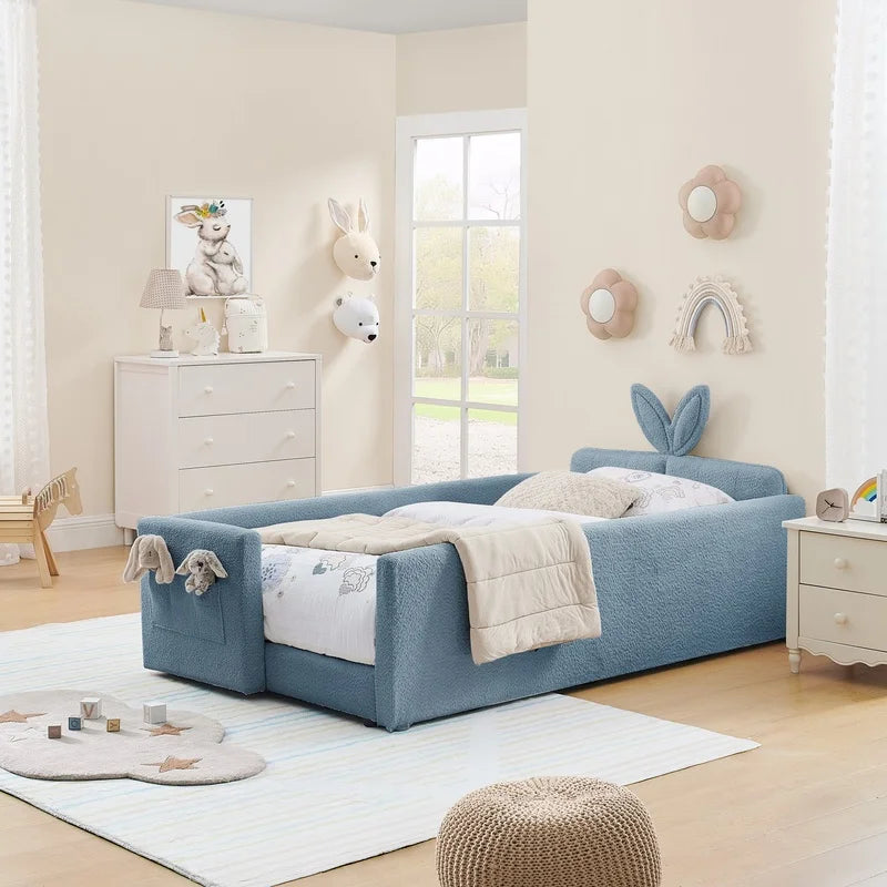 Twin Upholstered Platform Bed with Rabbit-Ear Headboard, Safety Rail, Pocket Storage, Boucle Fabric