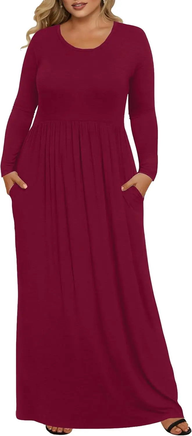 Womens Plus Size Maxi Dresses for Curvy Women Fall 2025 Casual Long Sleeve Long Dress with Pockets 1X-5X