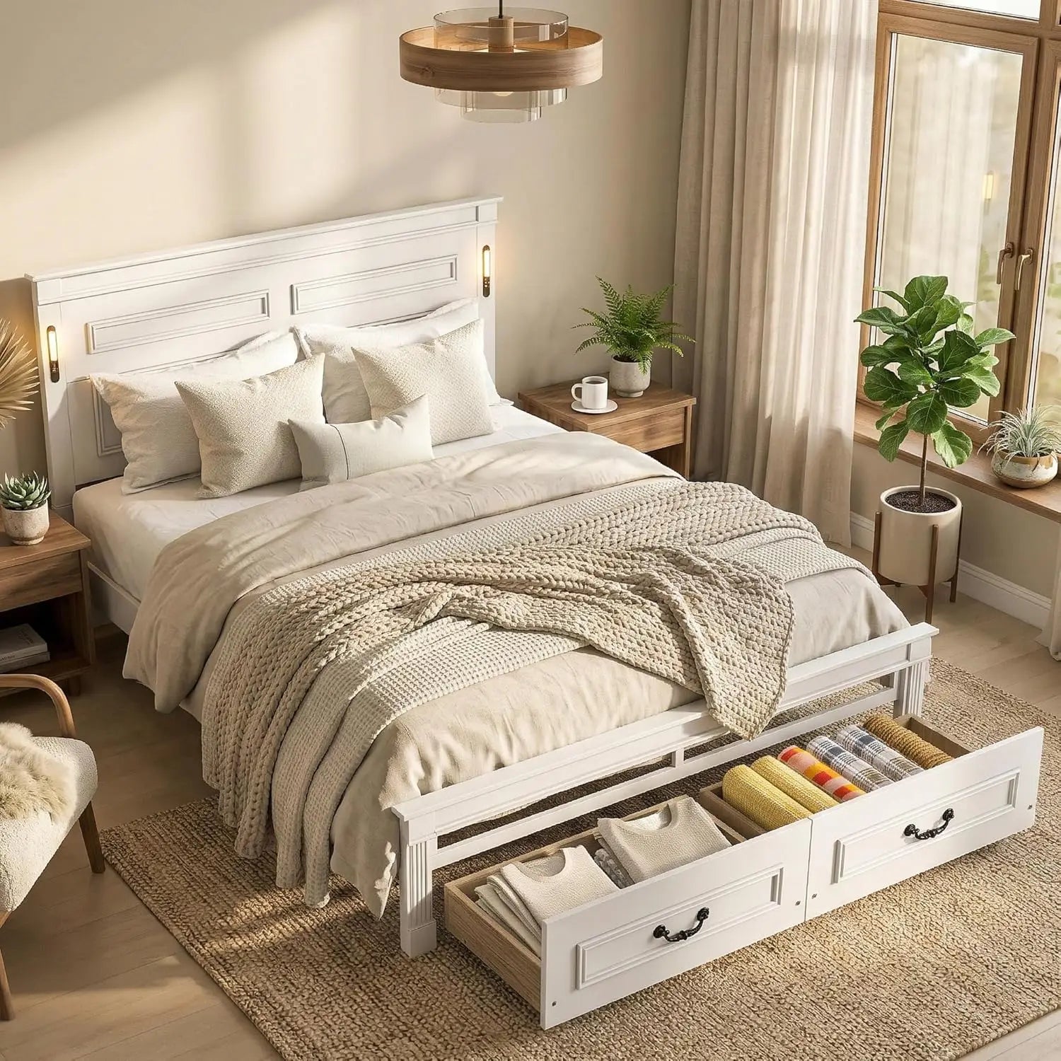 Farmhouse Queen Platform Bed Frame 46" Tall Headboard Solid Wood 2 Storage Drawers LED USB Charging No Box Spring Walnut Custom