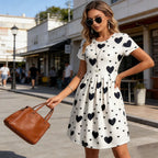 Pocket A-line Midi Dress European American Women Dress Short Sleeve Round Neck Off White Heart Print Casual Spring Summer Outfit