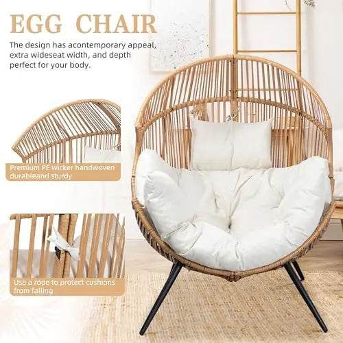 Outdoor Wicker Egg Chair PE Rattan Chair with Cushion, Oversized Patio Lounge Chair for Outdoor, Indoor, Balcony