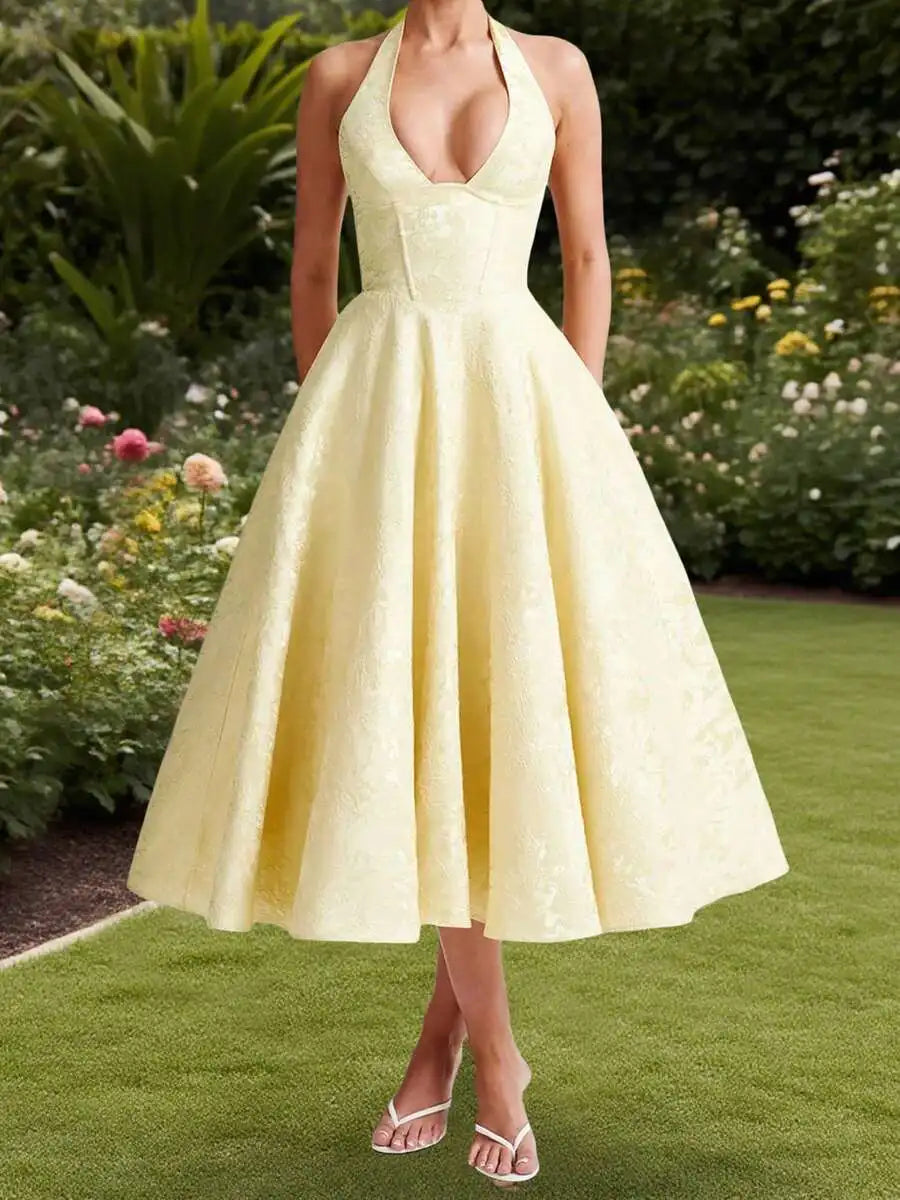 Women Jacquard Halter A-Line Tea-Length Dress For Evening Party