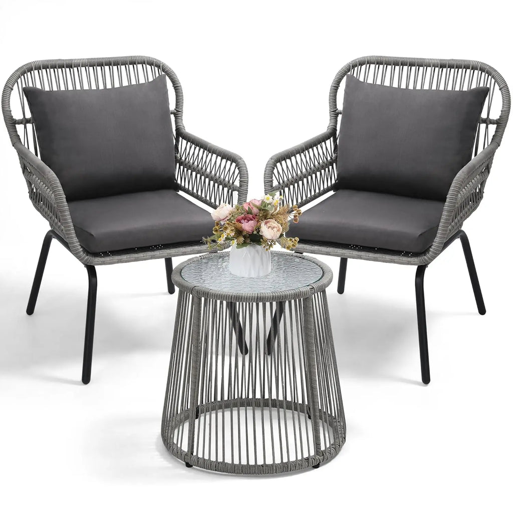 3 Pieces Bistro Set, Woven Rope Chair with Cushions, All Weather Patio Conversation Set and Side Table, Ideal for, Customized