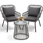 3 Pieces Bistro Set, Woven Rope Chair with Cushions, All Weather Patio Conversation Set and Side Table, Ideal for, Customized