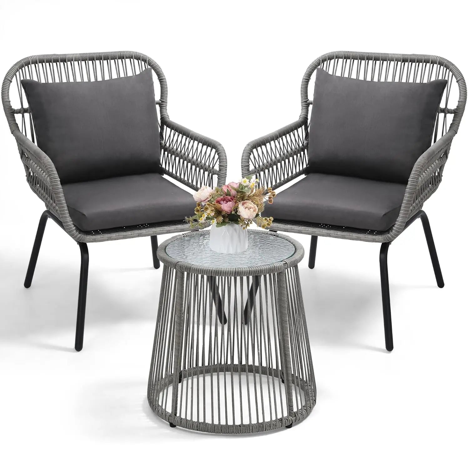 3 Pieces Bistro Set, Woven Rope Chair with Cushions, All Weather Patio Conversation Set and Side Table, Ideal for, Customized