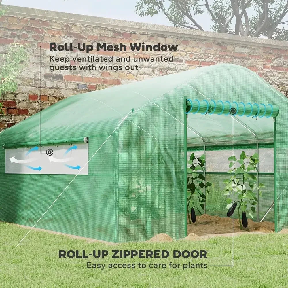 13ft x 10ft x 6.5ft Walk-in Greenhouse with Large Windows, Zippered Door, Galvanized Steel Frame, PE Cover