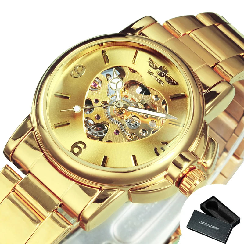 WINNER Fashion Elegant Skeleton Automatic Mechanical Watch for Women Luminous Hands Stainless Steel Strap Business Ladies Watches