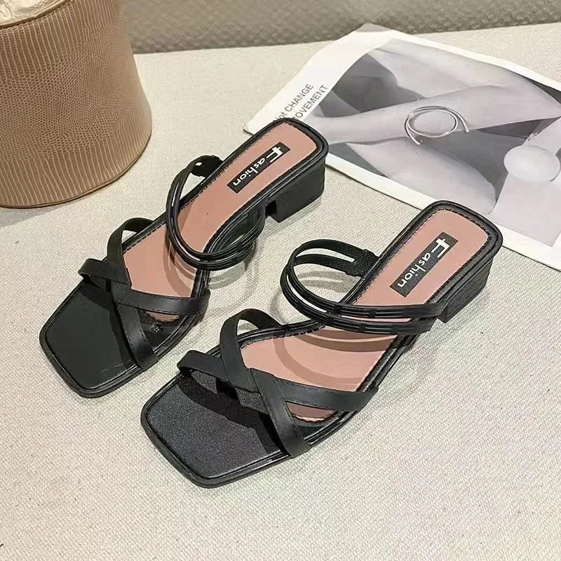 2022 New Fashionable Women's Sandals Slip-On Summer Thick Heel Slope Heel Shoes Two-Way Beachside Half Slippers PVC Material