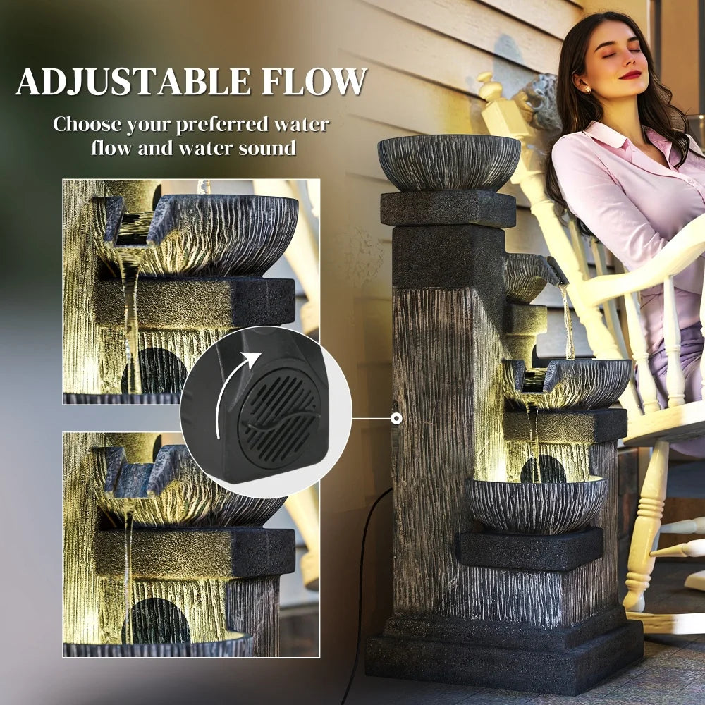 33.5" Outdoor Water Fountain, 4-Tier Floor Standing Resin Cascading Bowls Waterfall Fountain with LED Lights, Pump