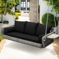 Outdoor Garden Yard Lawn Porch Swing, Wicker, Black Grey Rattan, 3 Person, Cushion, Cup Holder