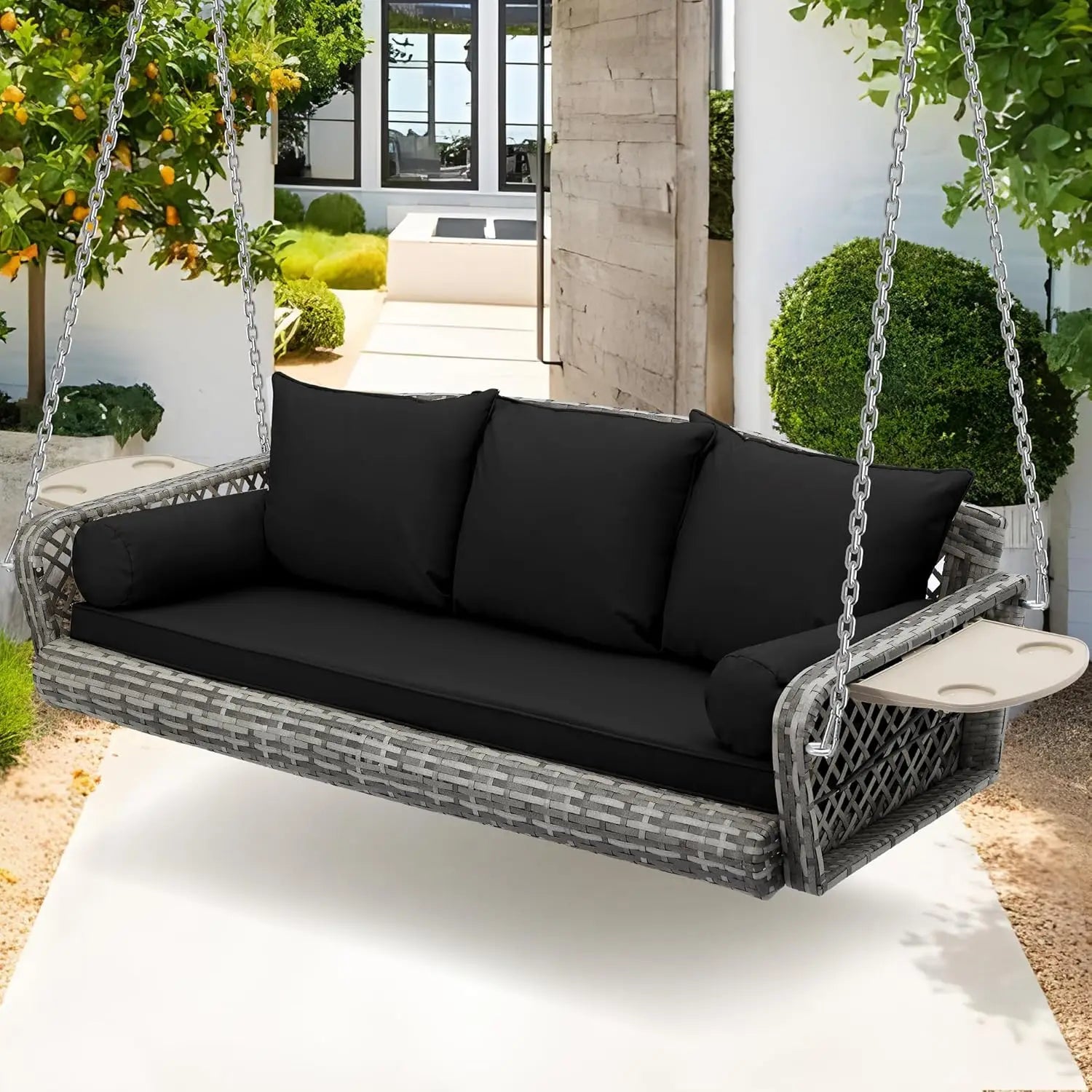 Outdoor Garden Yard Lawn Porch Swing, Wicker, Black Grey Rattan, 3 Person, Cushion, Cup Holder