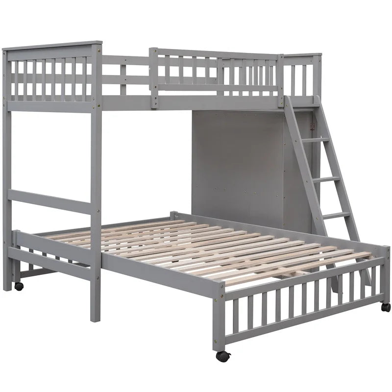 Gray Wooden Twin Over Full Bunk Bed with 6 Drawers and Adjustable Shelves, Bottom Bed on Wheels