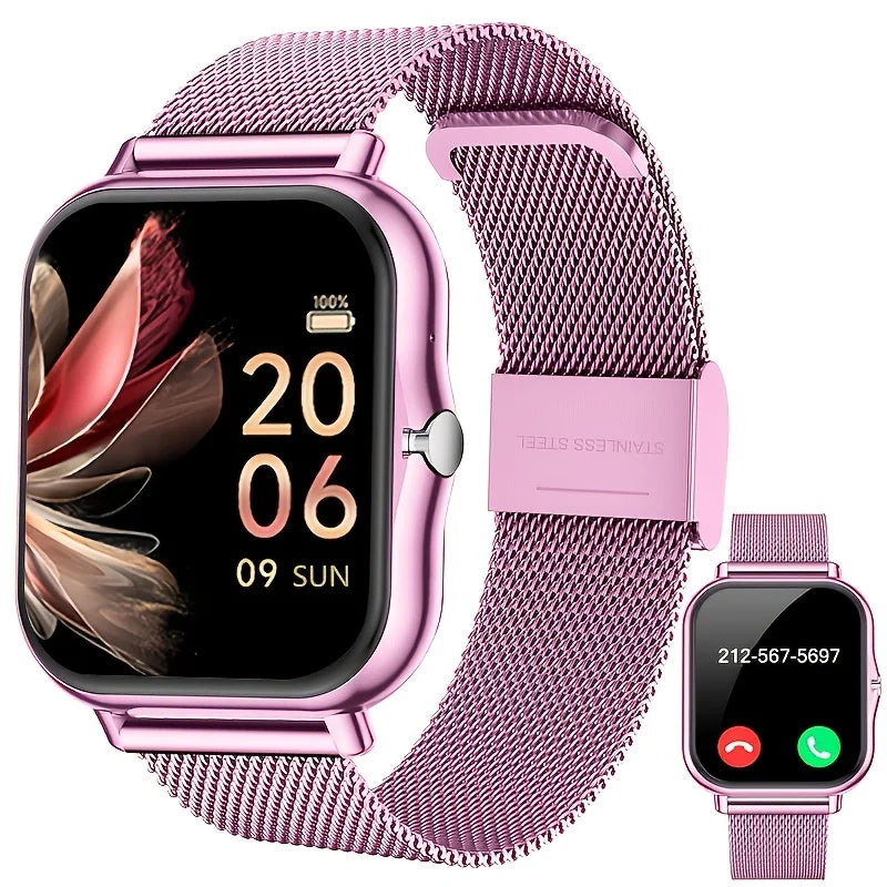 Full Touchscreen Smartwatch for Men and Women, Wireless Bluetooth for Making/answering Calls, 100+ Sports Modes, Weather, Stopwatch, Timer, Alarm Clock, Alloy Case, Stainless Steel Strap, Stylish and Minimalist Design, Compat
