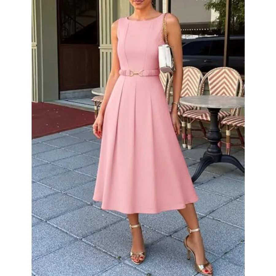 ZESICA Women Summer Sleeveless Midi Dresses 2026 Elegant Boat Neck A Line Tie Waist Spring Cocktail Party Dress