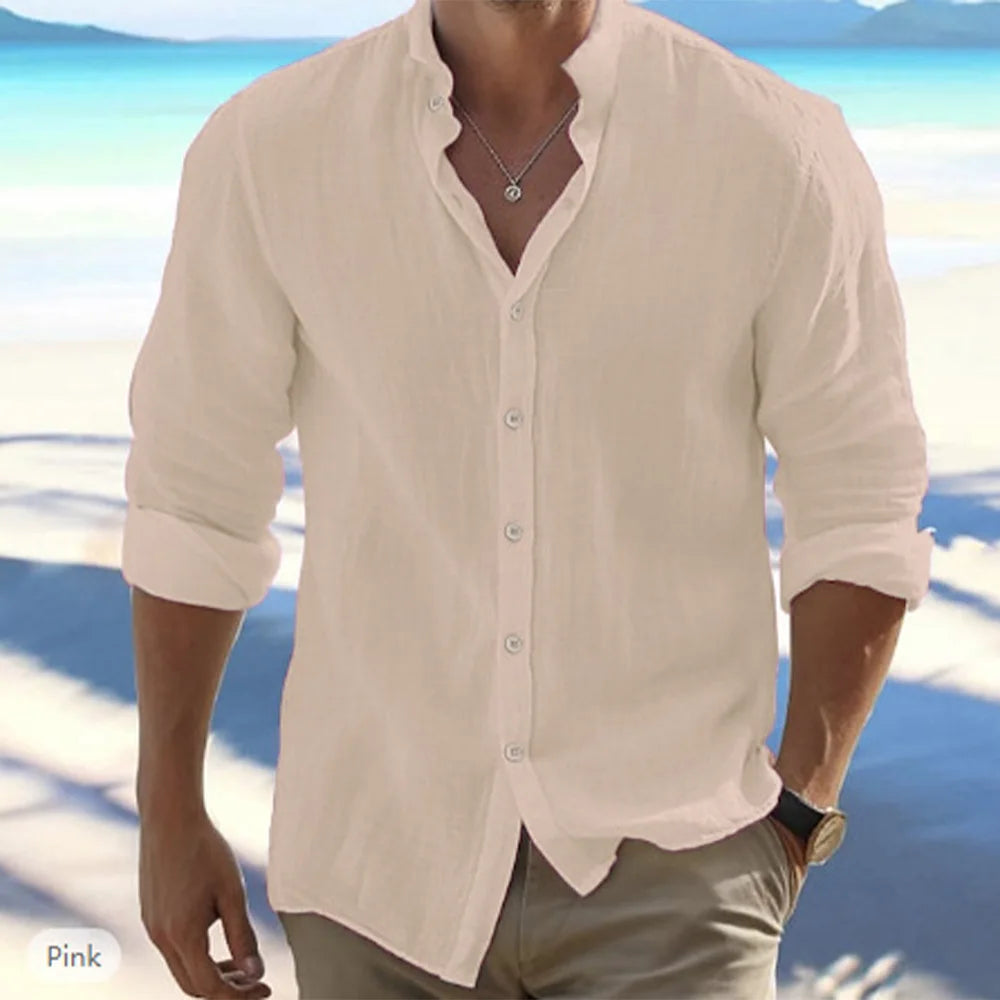 Men Shirt Simple Beach Solid Color Stand Collar Long Sleeve Shirt Cotton Linen Breathable Plus Size Summer Daily Top
