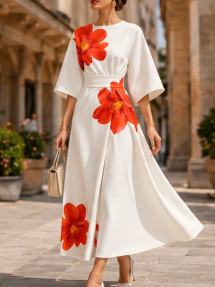 Women Elegant White Midi Wrap Dress Big Red Floral Print Puff Lantern Sleeve Belted Waist V Neck Formal Party Midi Dresses Vintage Chic Streetwear Wedding Guest Outfit