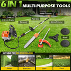 52cc 6 in 1 Gas Hedge Trimmer,Brush Cutters Weed Eater Wacker Gas Powered,Gas Pole Saw Chainsaw,Grass Pruner Multifunctional for Yard Garden Lawn Care