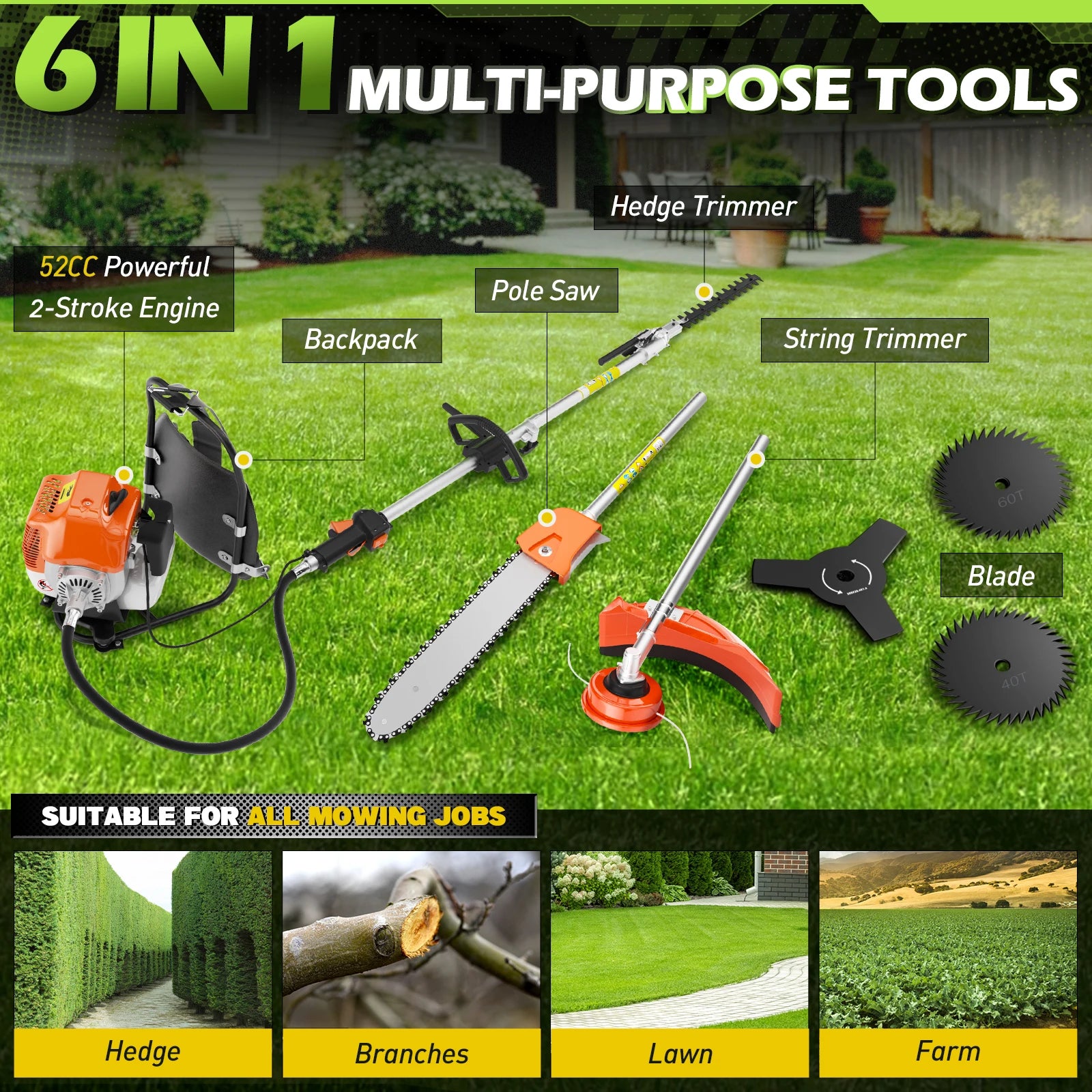 52cc 6 in 1 Gas Hedge Trimmer,Brush Cutters Weed Eater Wacker Gas Powered,Gas Pole Saw Chainsaw,Grass Pruner Multifunctional for Yard Garden Lawn Care