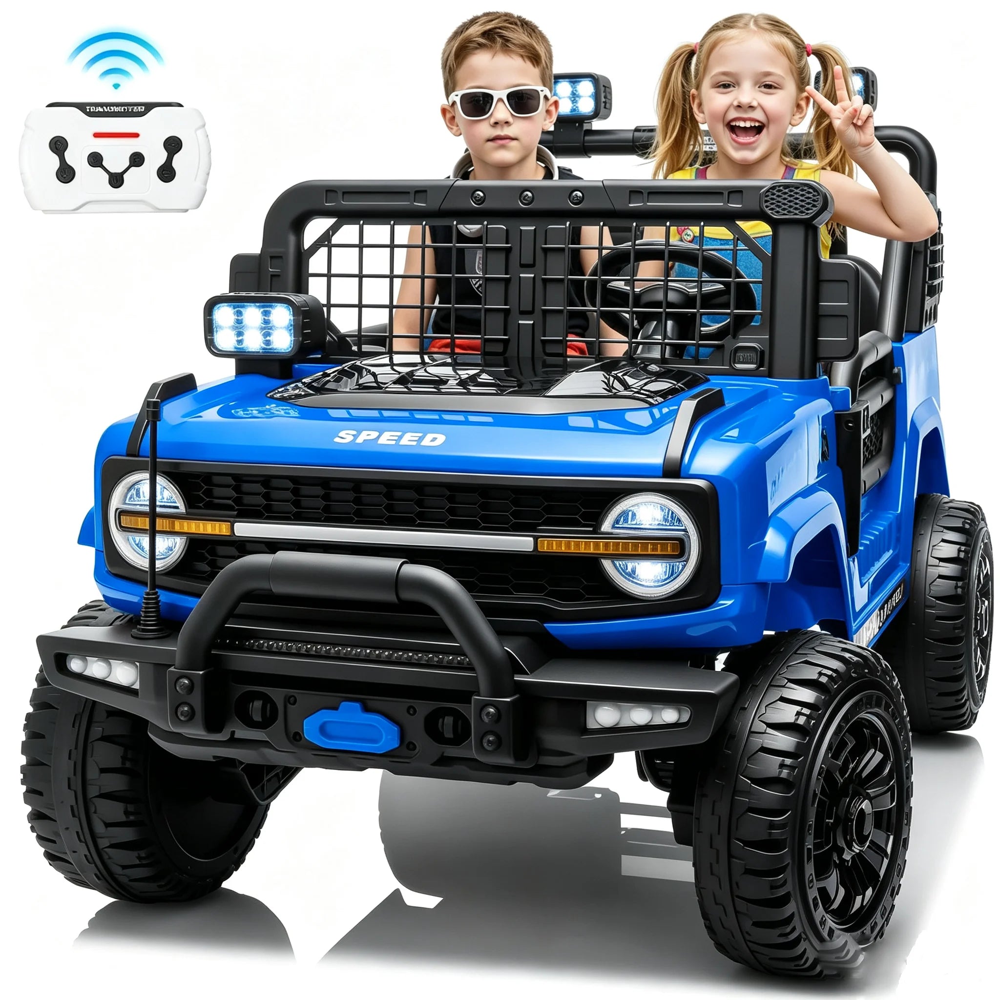 2 Seater 24V Kids Electric Ride On Off-Road Truck with Remote Control Bluetooth LED Lights, 2-Seat Ride On Vehicle Toy for Kids Boys Girls Gift