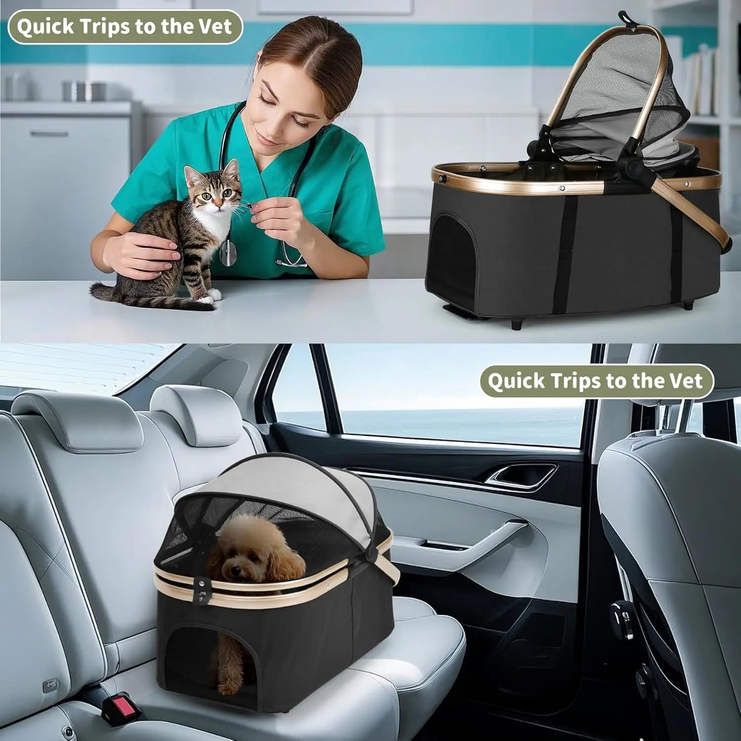 Travel Pet Stroller for Multi-Pet Homes, Detachable Carrier Material, Black, Foldable with Safety Belts and 4 Lockable Wheels