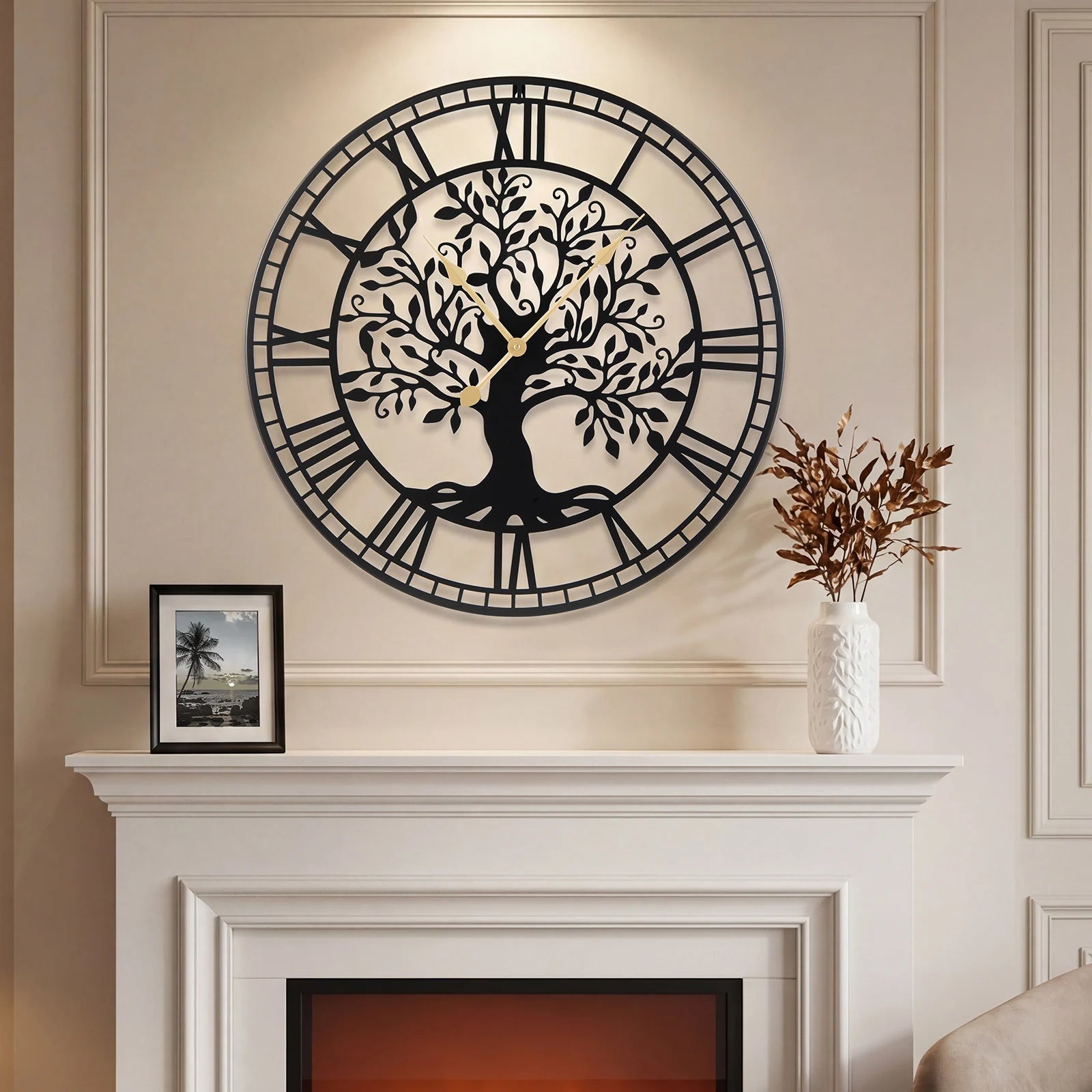 Large Wall Clock, 27” Tree of Life Big Metal Clock, Non-Ticking Decorative Clock