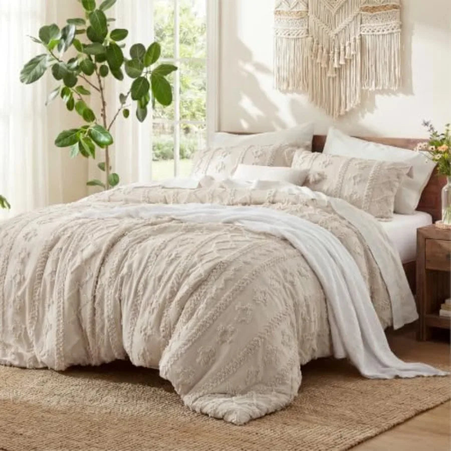 Tufted Boho Comforter Set Size - Beige Boho Bed Set, GentleSoft™ 3 Pieces Farmhouse-Style Embroidery Bedding, Gifts for Woman,