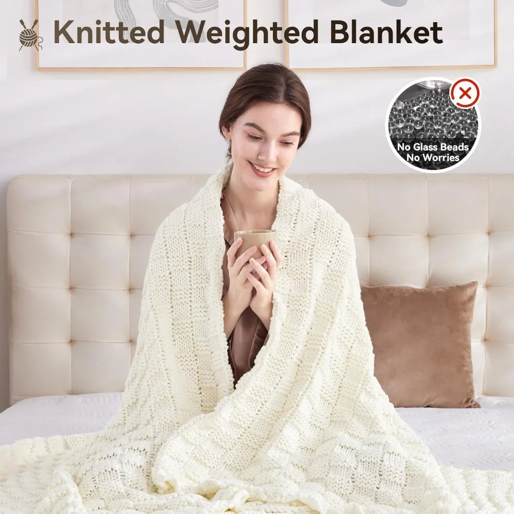 Knitted Weighted Blanket for Adults, 12lbs 48"x72", Breathable Chunky Knit, Cooling Heavy Blanket for Hot Sleepers, Ivory White