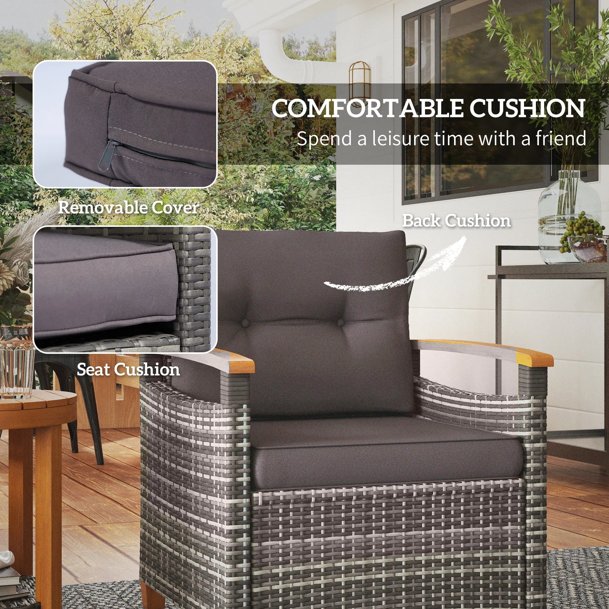3 Pieces Wicker Patio Bistro Set Outdoor with Cushions, Gray